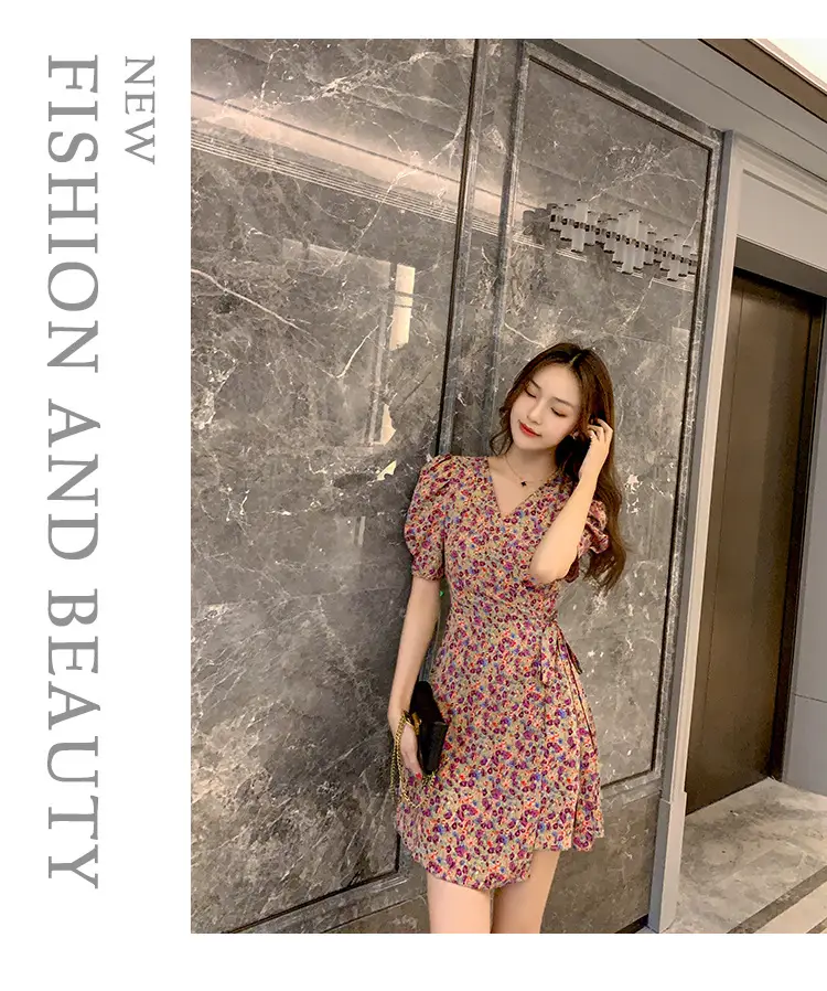 Women Floral Chiffon Dress Summer Short Skirt French Retro Waist Tie A-Line — feature 9