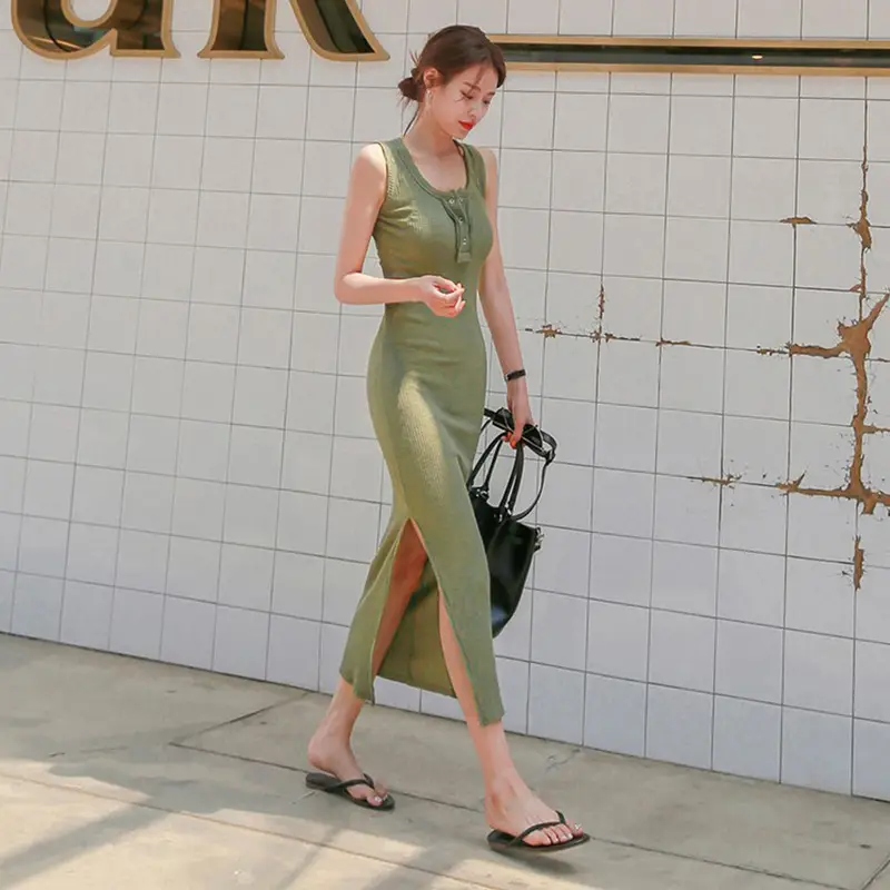 Vest Dress 2025 Summer Sleeveless Solid Color Cotton Tight Waist Slimming Elegant Button Dress - Image 3