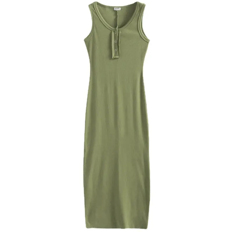 Vest Dress 2025 Summer Sleeveless Solid Color Cotton Tight Waist Slimming Elegant Button Dress - Image 7