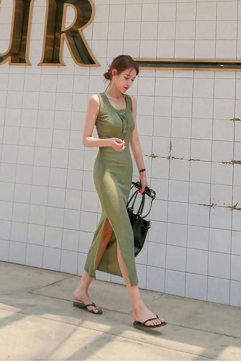 Vest Dress 2025 Summer Sleeveless Solid Color Cotton Tight Waist Slimming Elegant Button Dress — feature 1