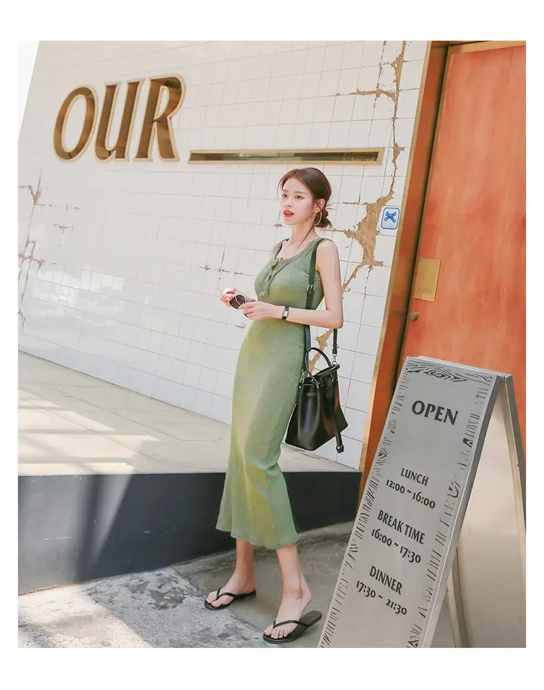 Vest Dress 2025 Summer Sleeveless Solid Color Cotton Tight Waist Slimming Elegant Button Dress — feature 14