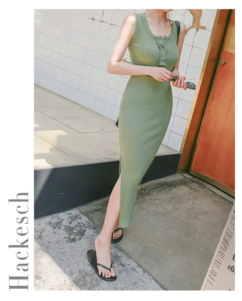 Vest Dress 2025 Summer Sleeveless Solid Color Cotton Tight Waist Slimming Elegant Button Dress — feature 15