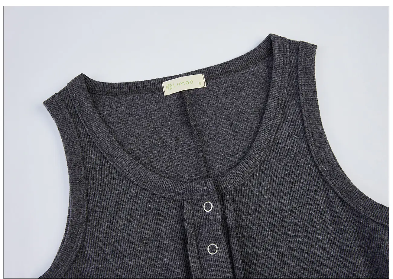Vest Dress 2025 Summer Sleeveless Solid Color Cotton Tight Waist Slimming Elegant Button Dress — feature 5