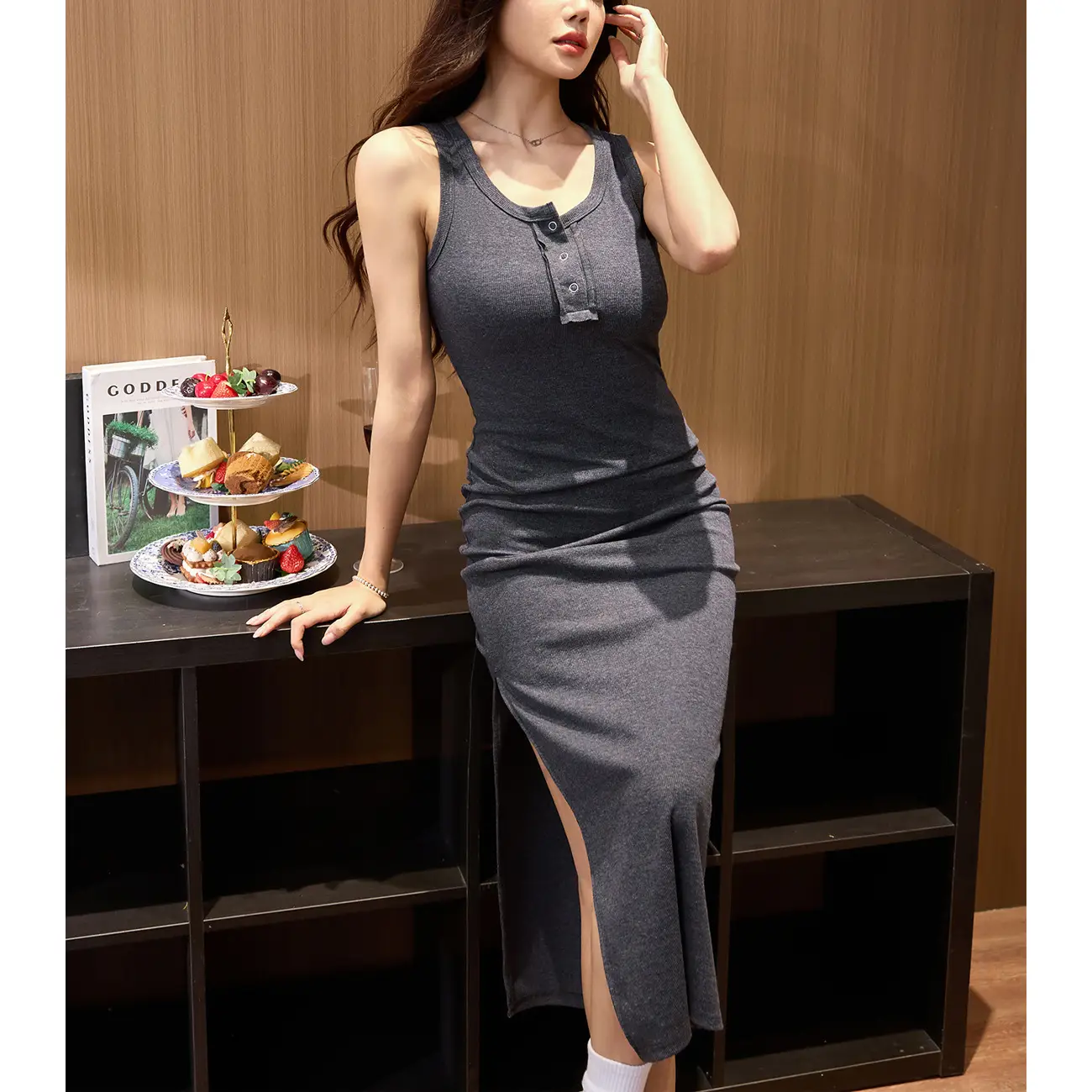 Vest Dress 2025 Summer Sleeveless Solid Color Cotton Tight Waist Slimming Elegant Button Dress - Image 2