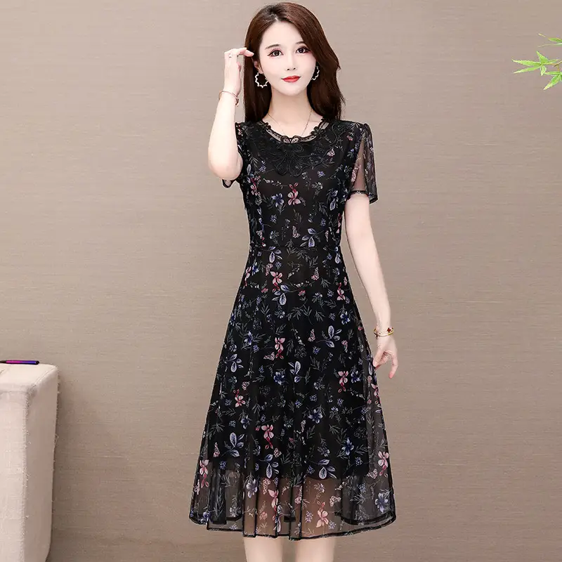 Middle-Aged Elegant Long Skirt Dress Black Floral