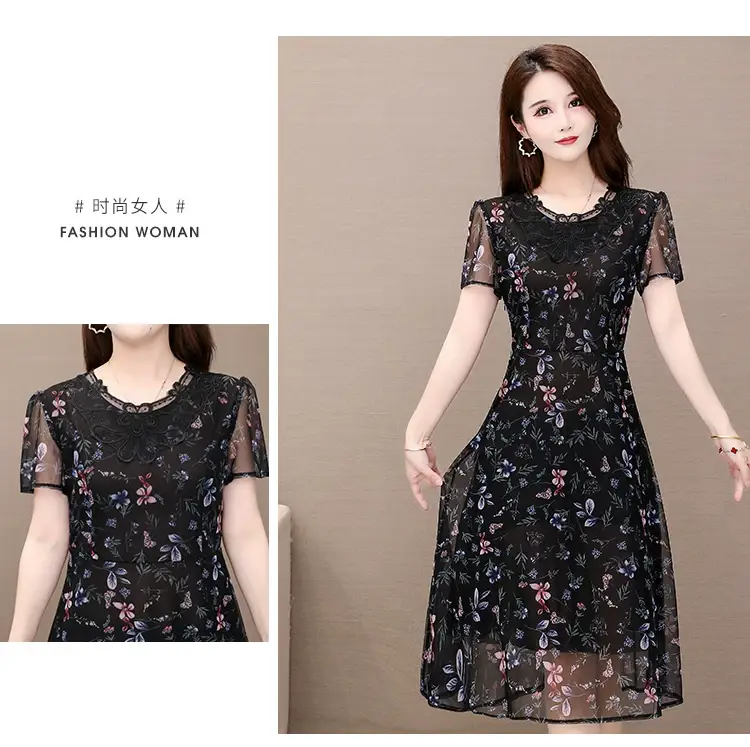 Middle-Aged Elegant Long Skirt Dress Black Floral — feature 11