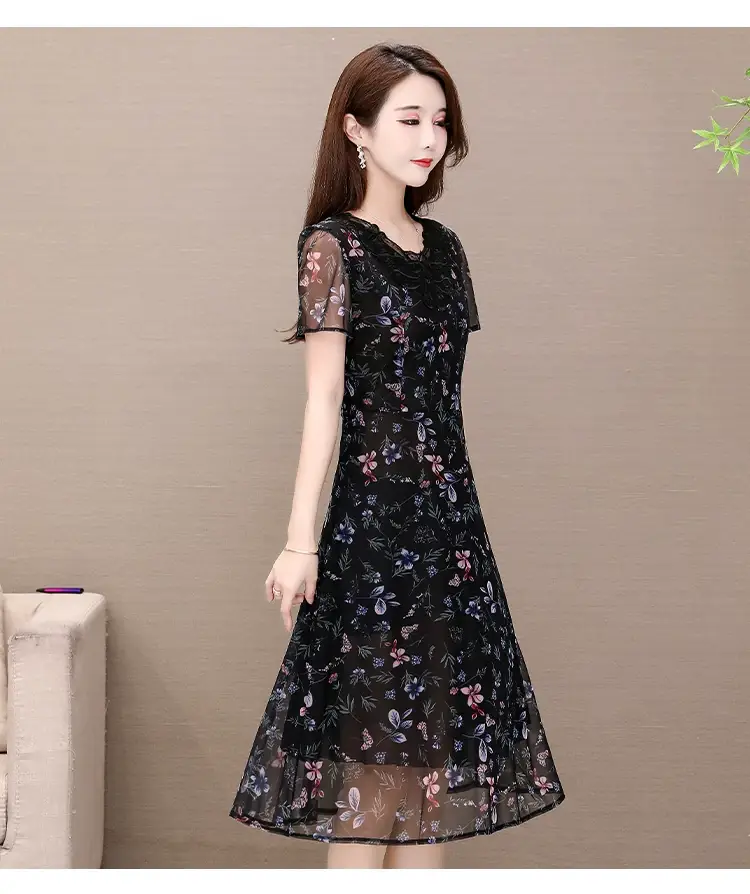 Middle-Aged Elegant Long Skirt Dress Black Floral — feature 12
