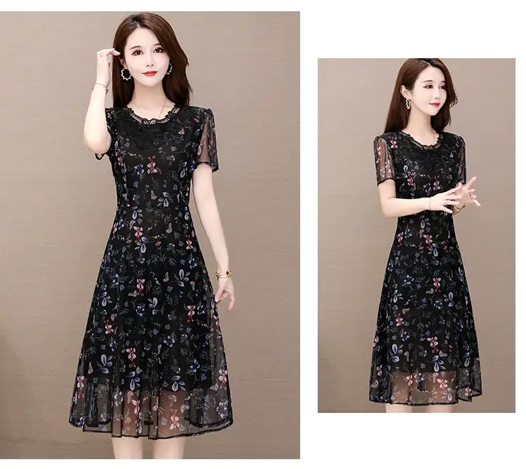 Middle-Aged Elegant Long Skirt Dress Black Floral — feature 13