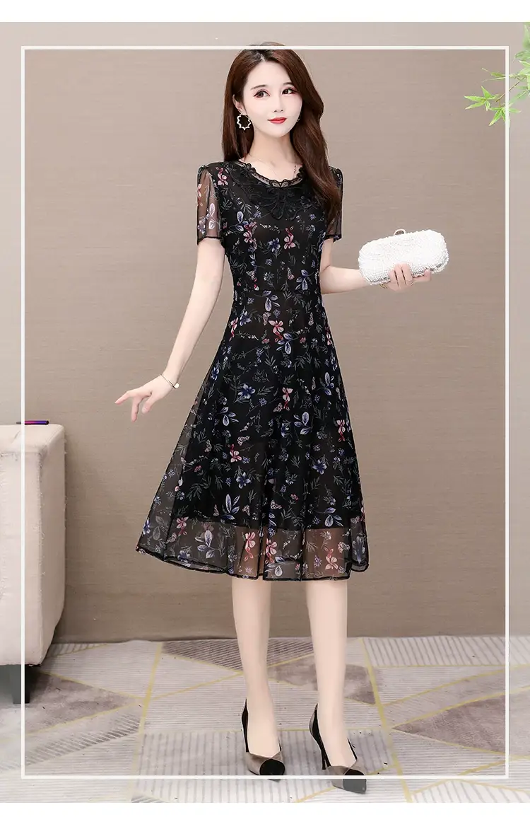 Middle-Aged Elegant Long Skirt Dress Black Floral — feature 14