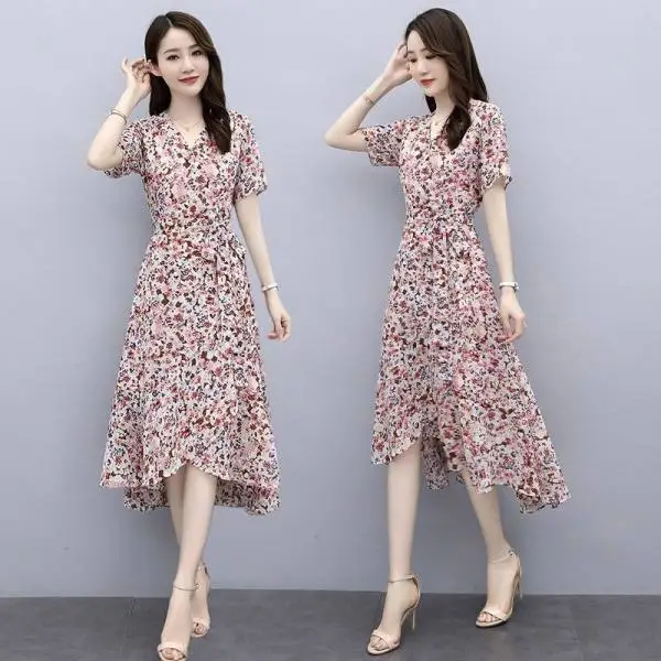 2022 Floral Skirt Dress Fat Waist Asymmetrical V Neck - Image 5