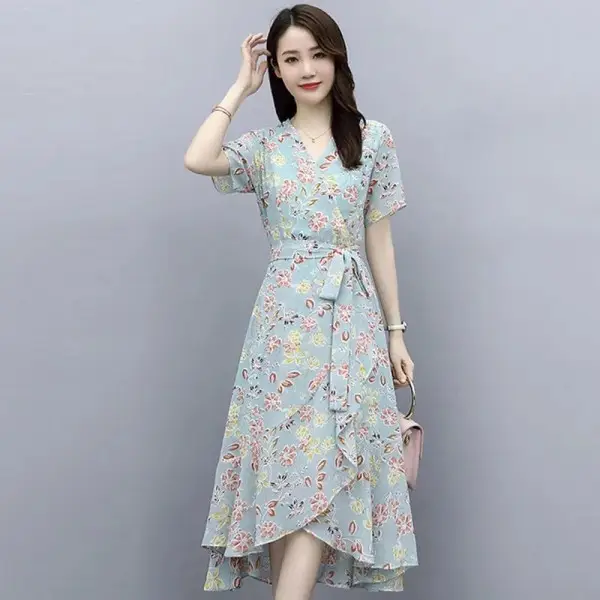 2022 Floral Skirt Dress Fat Waist Asymmetrical V Neck - Image 6