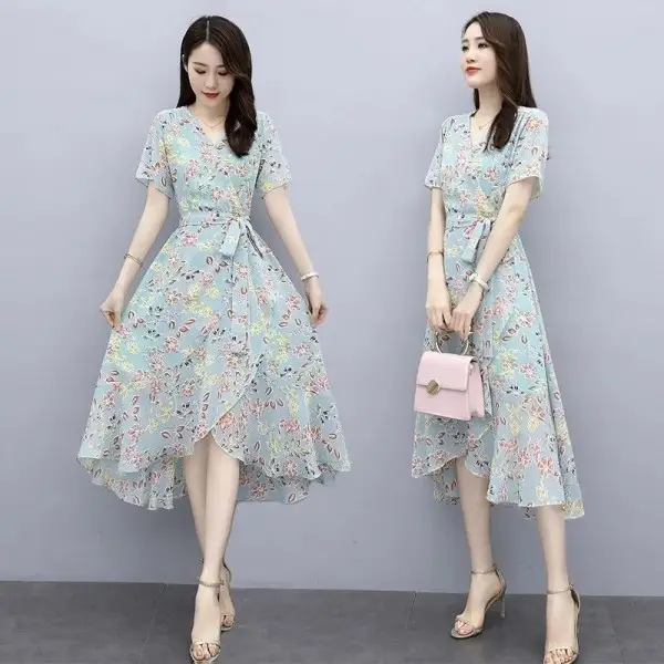 2022 Floral Skirt Dress Fat Waist Asymmetrical V Neck - Image 7