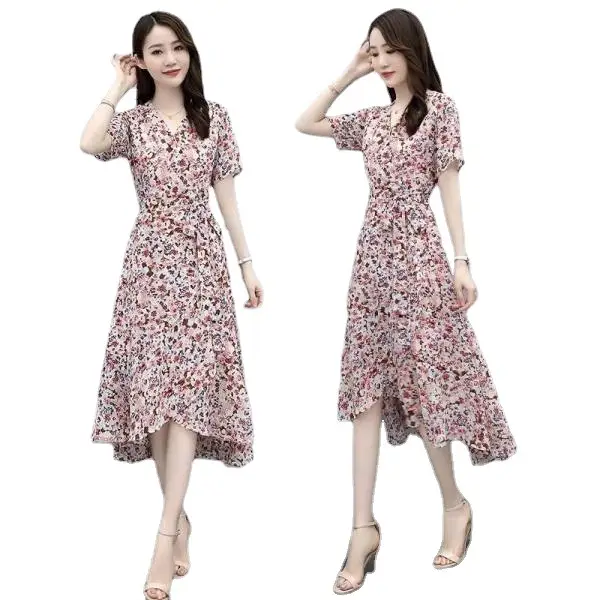 2022 Floral Skirt Dress Fat Waist Asymmetrical V Neck - Image 8
