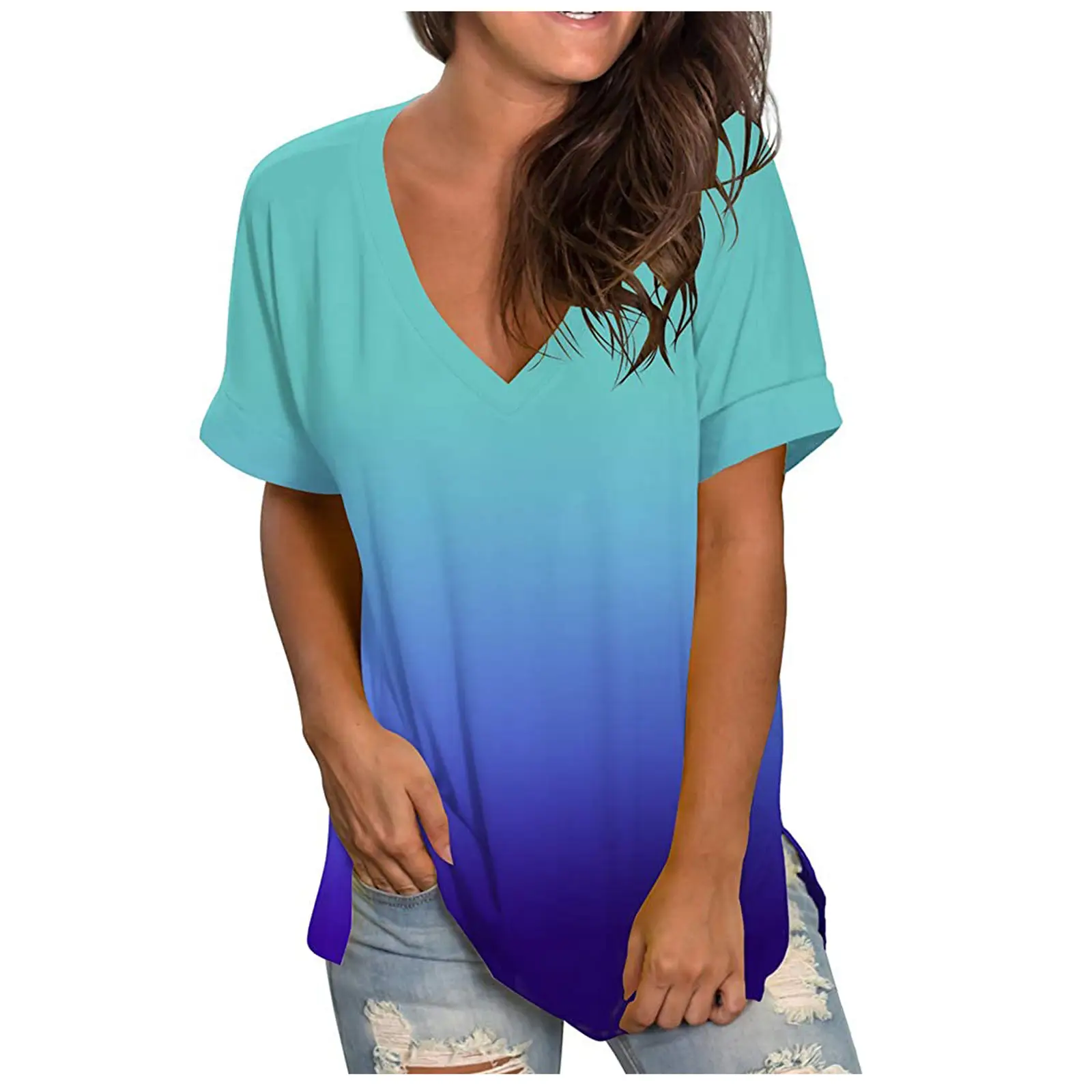 Women Tie-Dye V Neck T-Shirt Pink - Image 9