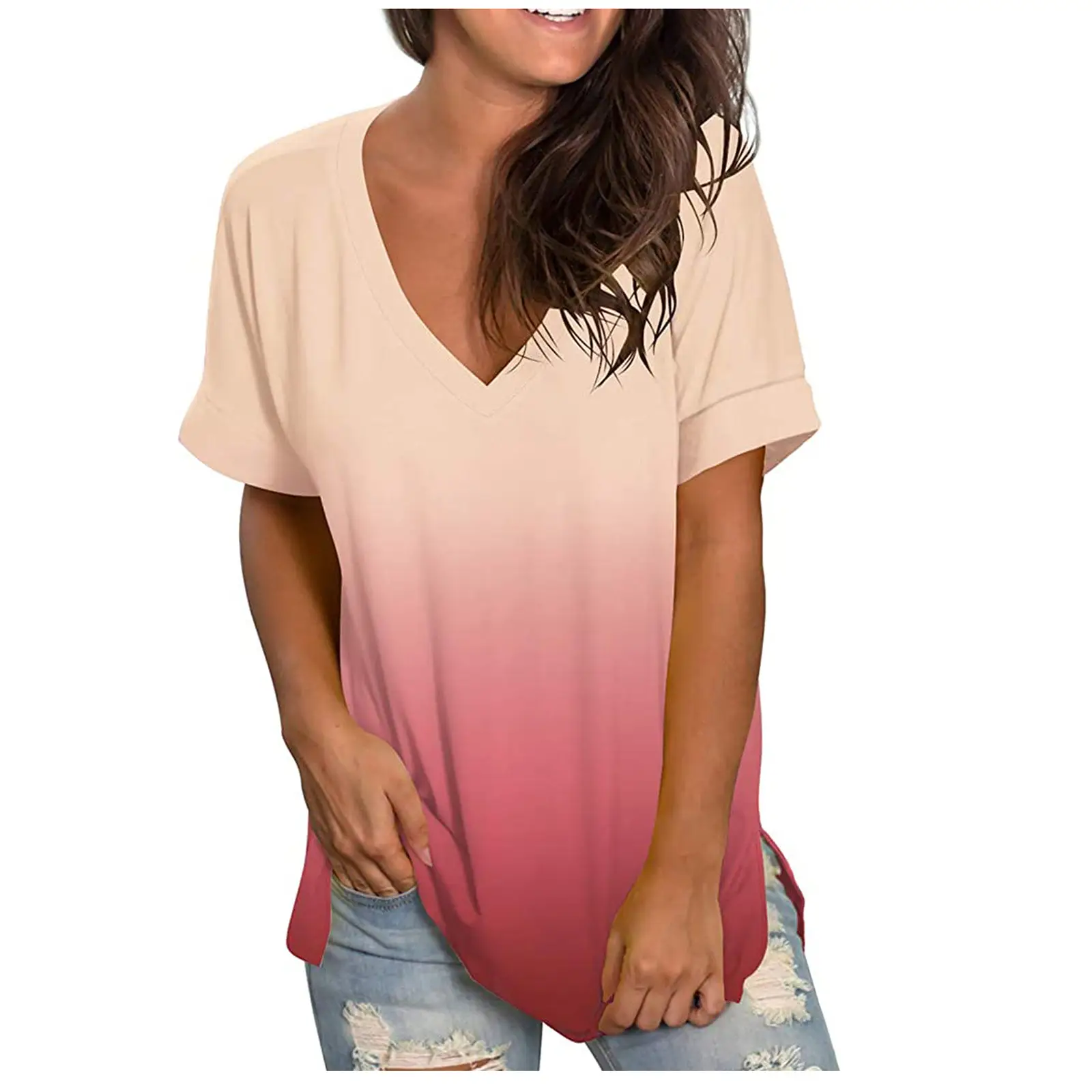 Women Tie-Dye V Neck T-Shirt Pink - Image 10