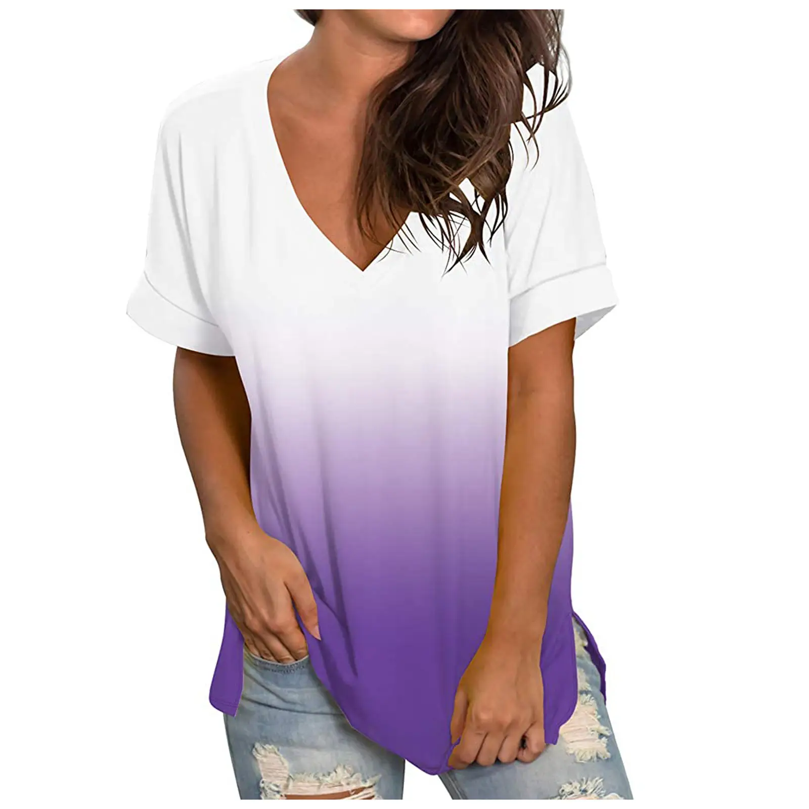 Women Tie-Dye V Neck T-Shirt Pink - Image 4
