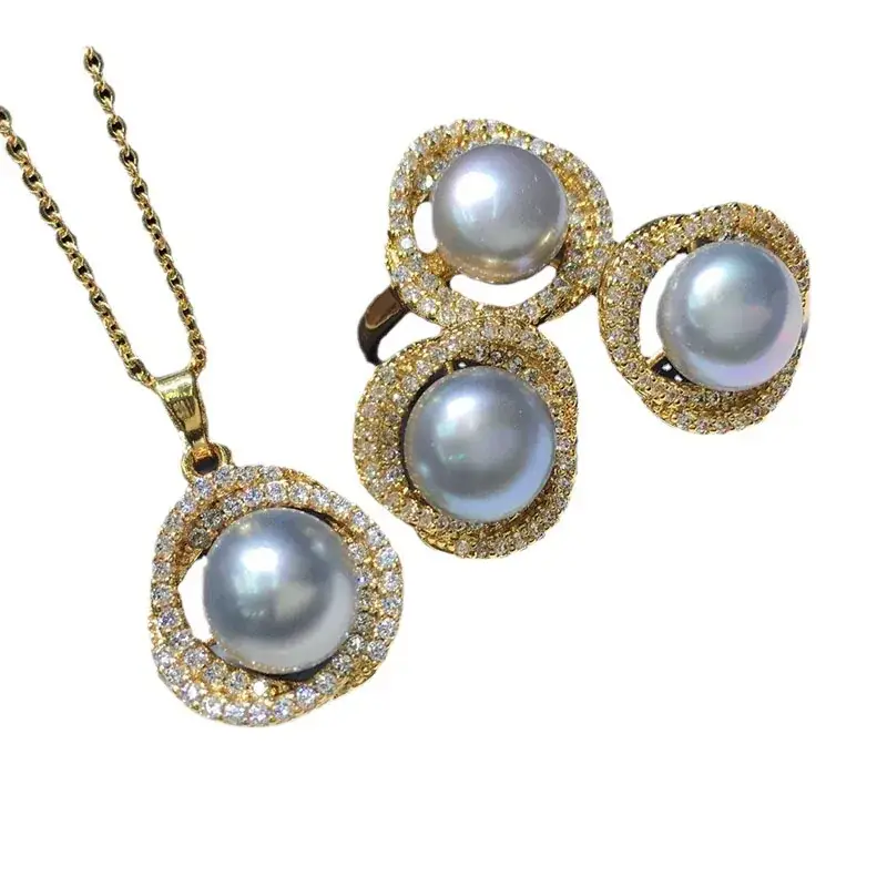 Cultured Pearl Necklace Set Three Piece Set Gray Gold