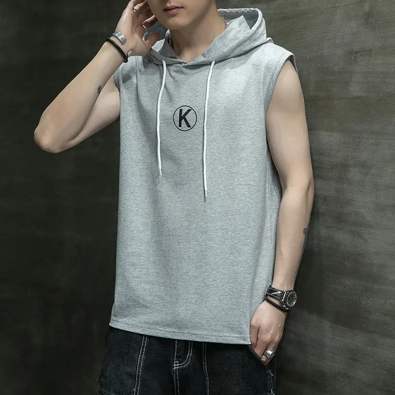 Men Sleeveless Hooded Vest Grey Cotton 2025 - Image 5