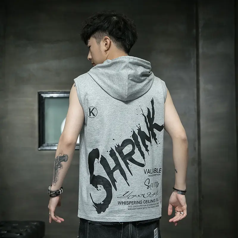 Men Sleeveless Hooded Vest Grey Cotton 2025 - Image 3