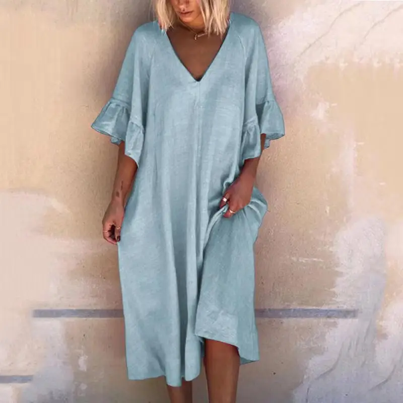 Light Blue V-Neck Loose Dress for Women - Image 2