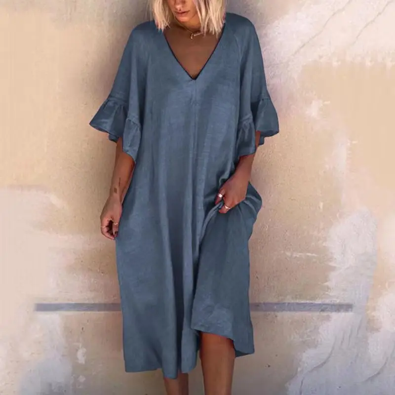 Light Blue V-Neck Loose Dress for Women - Image 3