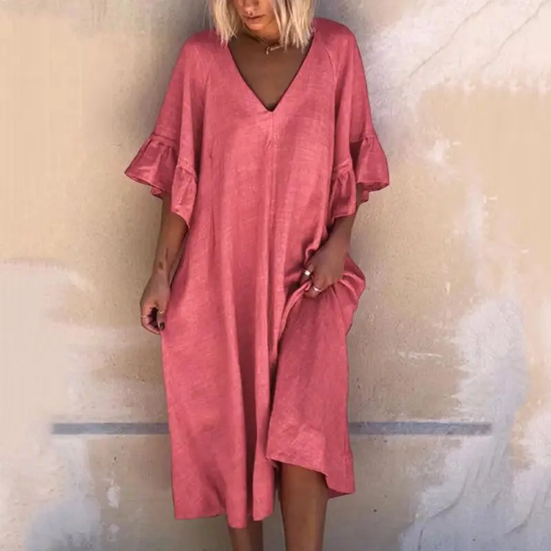 Light Blue V-Neck Loose Dress for Women - Image 4