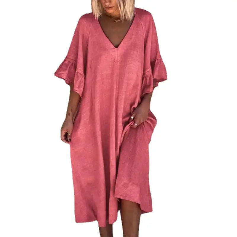 Light Blue V-Neck Loose Dress for Women - Image 5