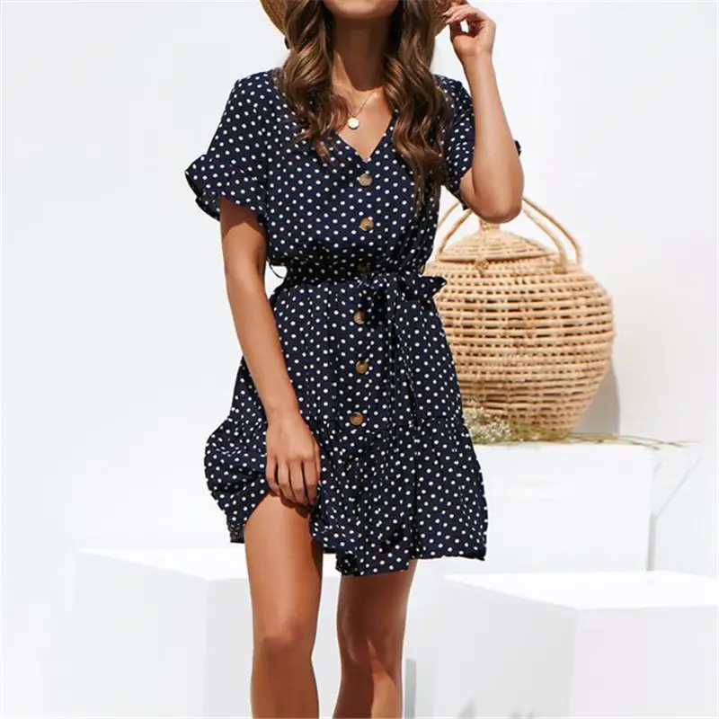 Women's Polka Dot Belted Short Sleeve Dress Navy White — feature 13