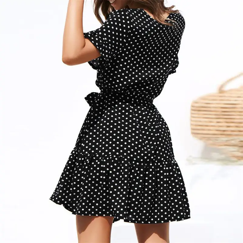 Women's Polka Dot Belted Short Sleeve Dress Navy White — feature 6