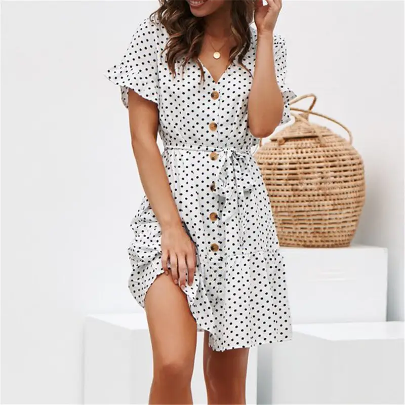 Women's Polka Dot Belted Short Sleeve Dress Navy White — feature 7