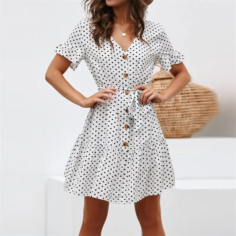 Women's Polka Dot Belted Short Sleeve Dress Navy White — feature 9