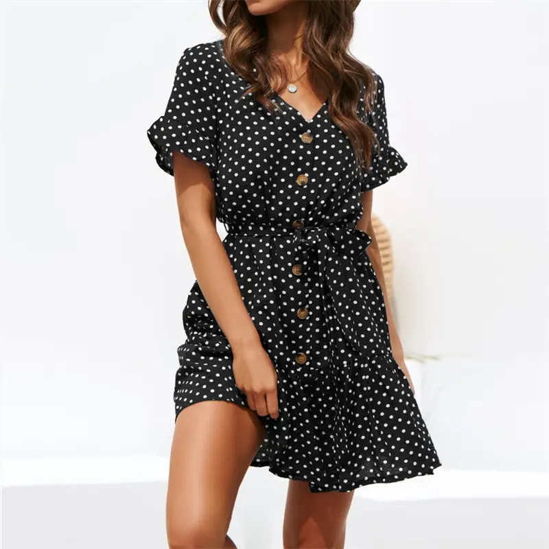 Women's Polka Dot Belted Short Sleeve Dress Navy White