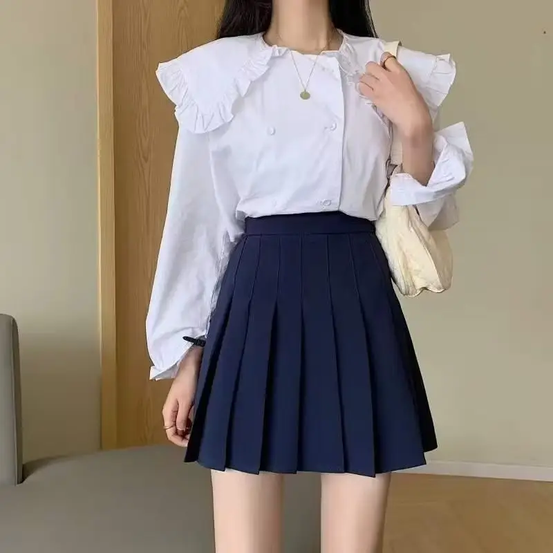 Women Pleated Skirt White Top Navy High Waist 2021 - Image 6