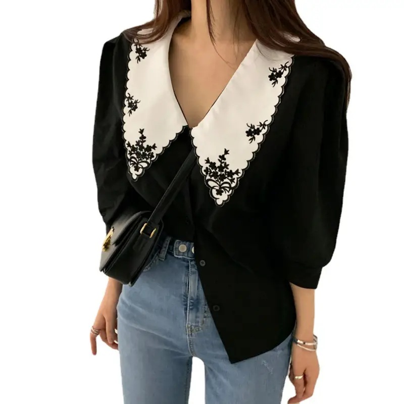 Korean Embroidered Lapel Shirt Women White Black - Image 7