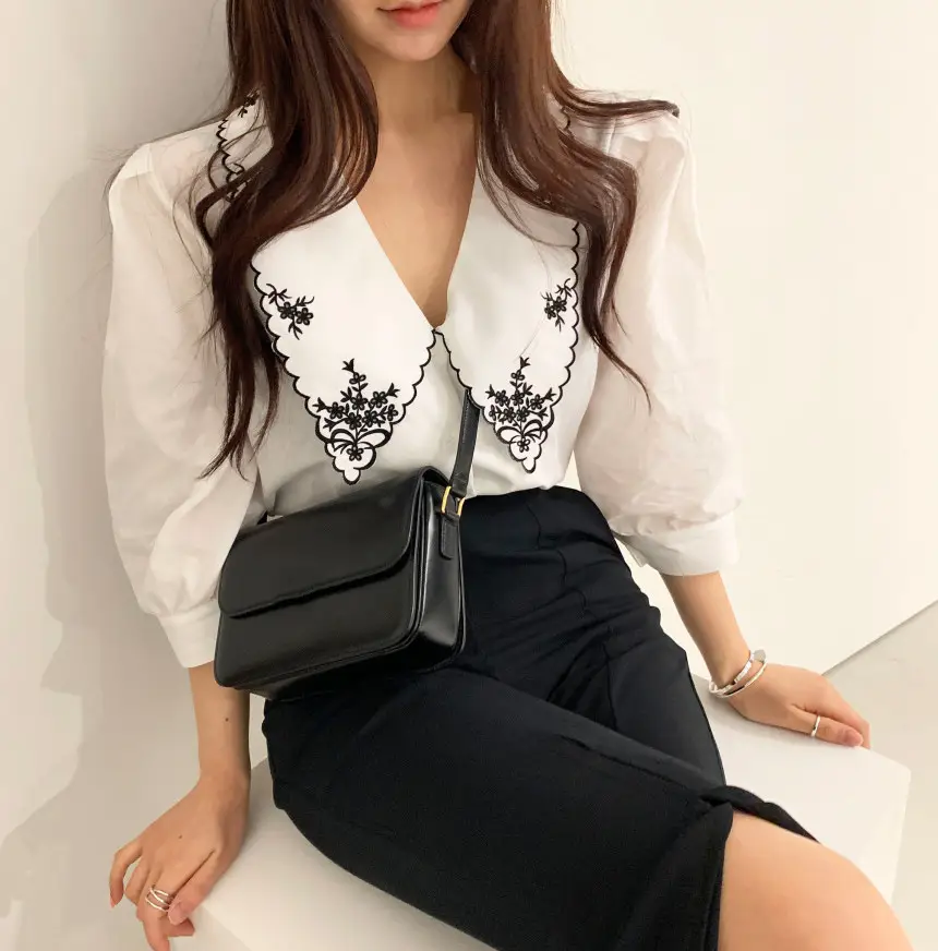 Korean Embroidered Lapel Shirt Women White Black — feature 10