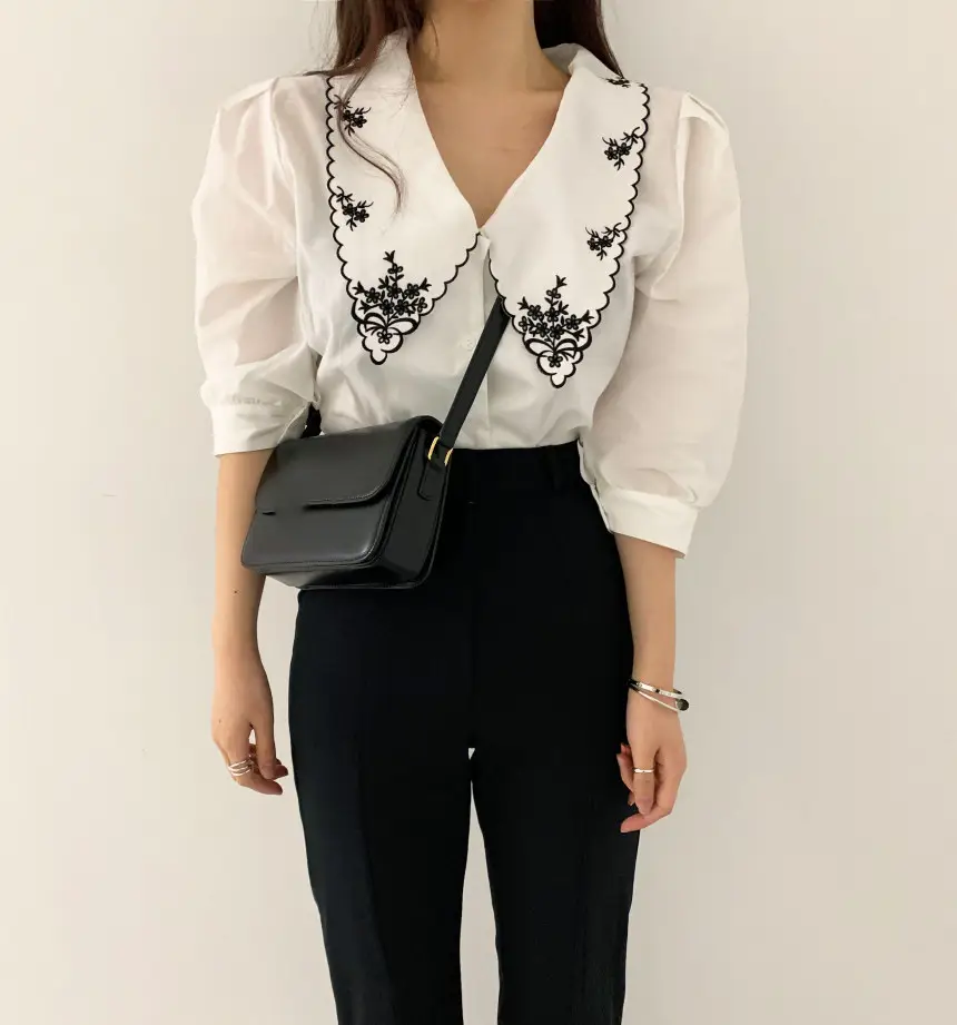 Korean Embroidered Lapel Shirt Women White Black — feature 11