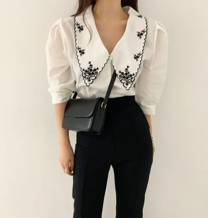 Korean Embroidered Lapel Shirt Women White Black — feature 12