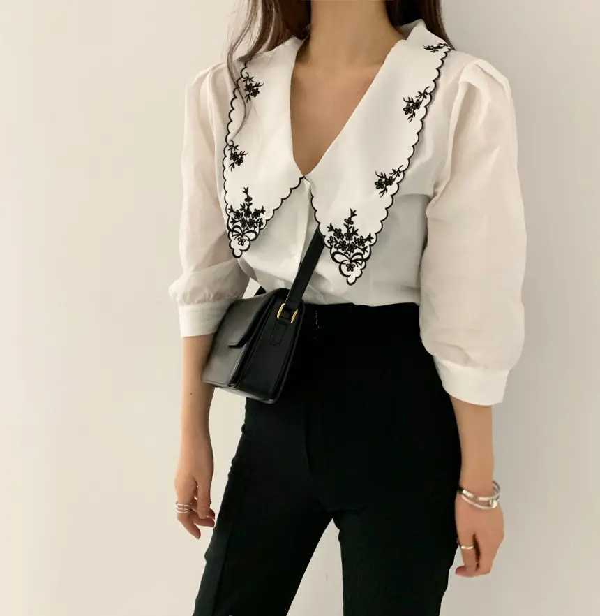 Korean Embroidered Lapel Shirt Women White Black — feature 13