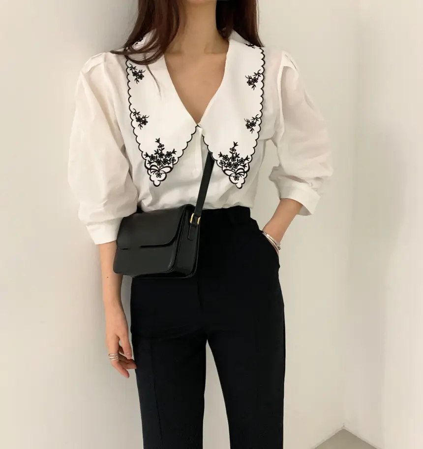 Korean Embroidered Lapel Shirt Women White Black — feature 14