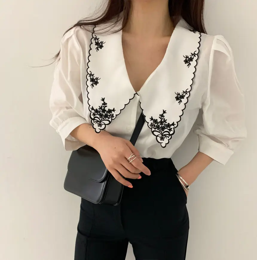 Korean Embroidered Lapel Shirt Women White Black — feature 15