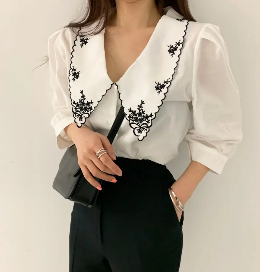 Korean Embroidered Lapel Shirt Women White Black — feature 16