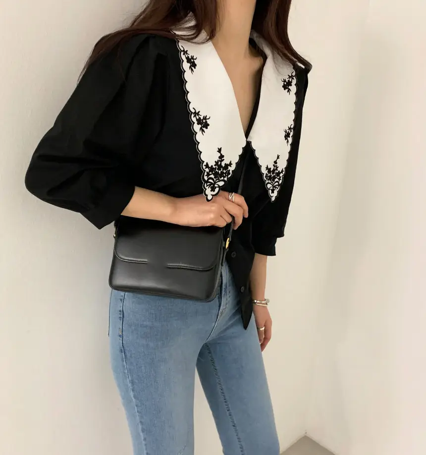 Korean Embroidered Lapel Shirt Women White Black — feature 4