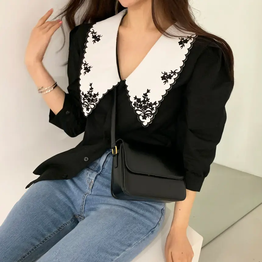 Korean Embroidered Lapel Shirt Women White Black — feature 9