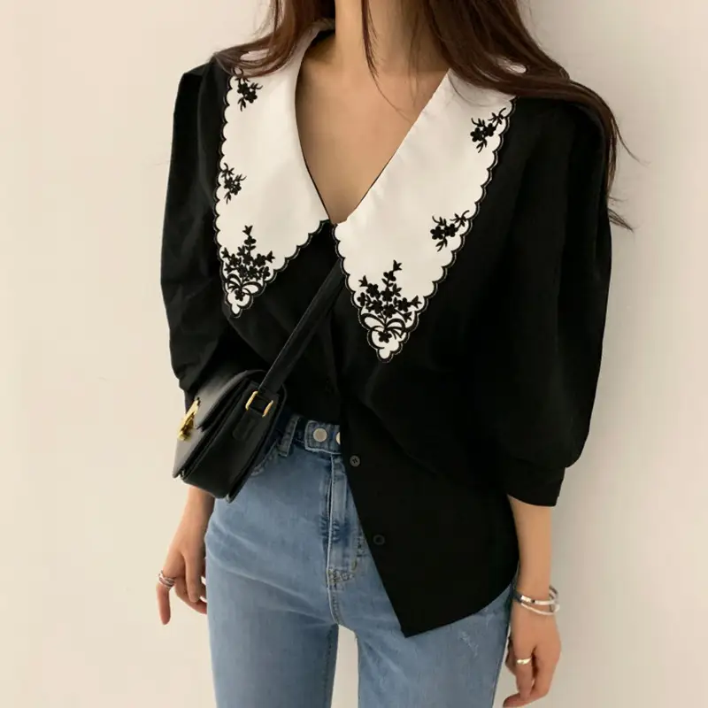 Korean Embroidered Lapel Shirt Women White Black - Image 2