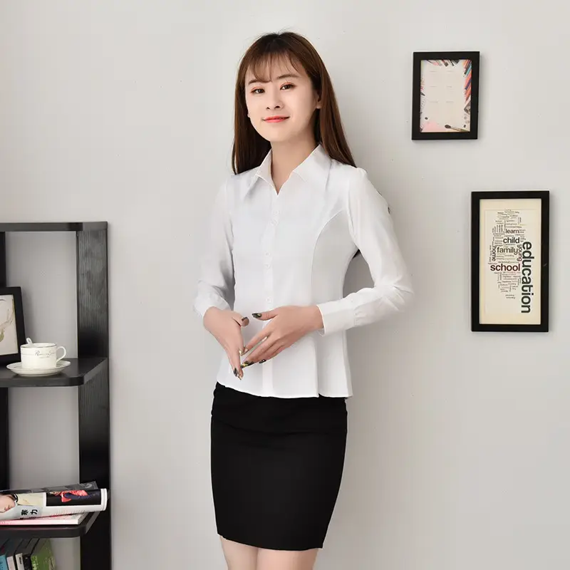 Stretch Chiffon White V-Neck Shirt Women Long Sleeve Slim Fit