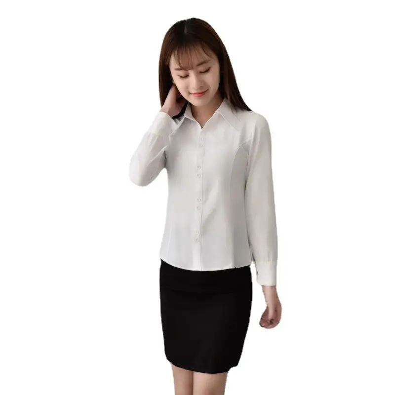 Stretch Chiffon White V-Neck Shirt Women Long Sleeve Slim Fit