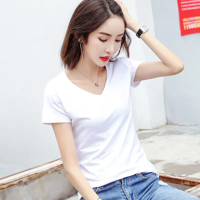 Women White Slim Fit Cotton T-Shirt Round Neck Short Sleeve