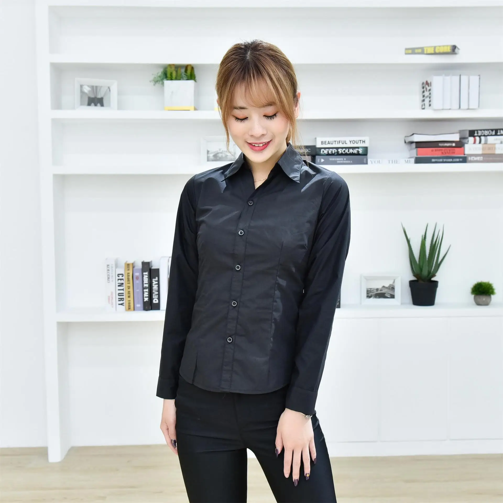 Black V-Neck Long Sleeve Women's Shirt - Image 5