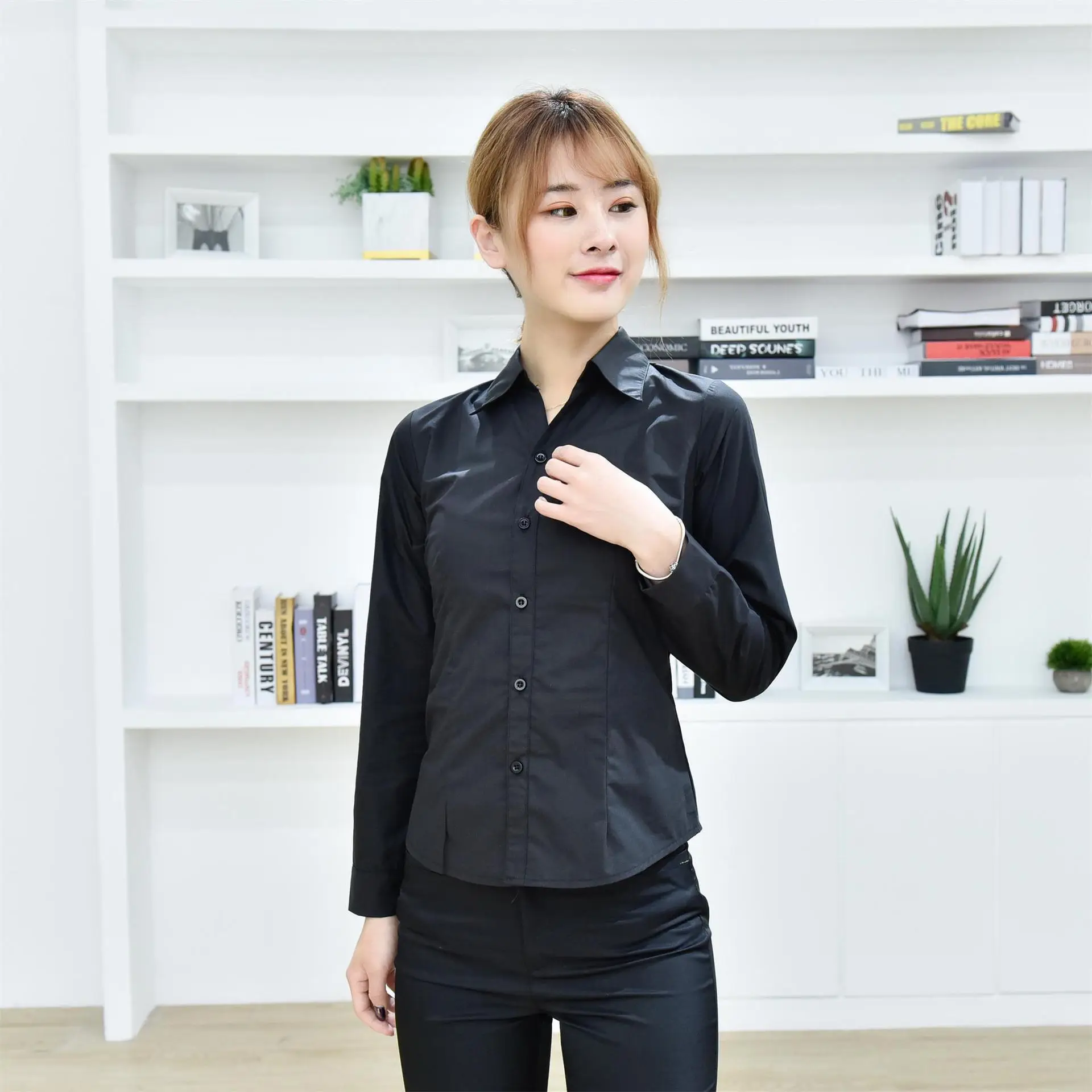 Black V-Neck Long Sleeve Women's Shirt - Image 6