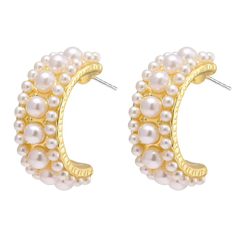 Gold Pearl Geometric Earrings for Women - Image 2